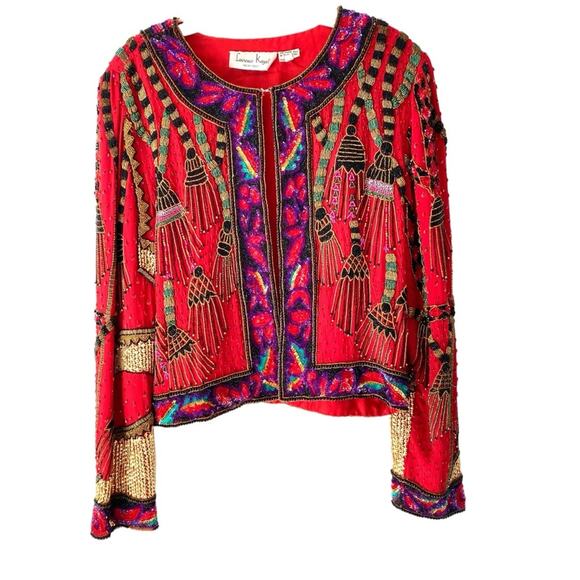 Vintage Laurence Kazar Red Silk Tassel Print Beaded Sequin Blazer Jacket Large - Picture 1 of 11